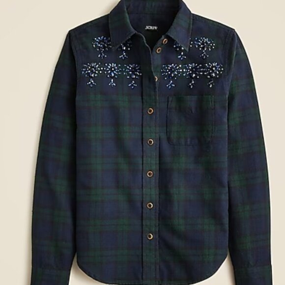 J. Crew Embellished shrunken button-up shirt in tartan brushed cotton Size 2 - Picture 1 of 10